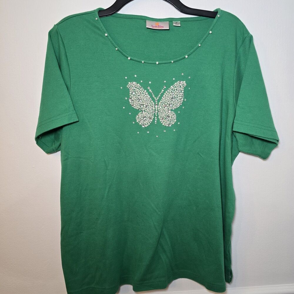 Y2K Quacker Factory Butterfly Pearl Embroidered Top TShirt Green Sz 1X Cotton Bl